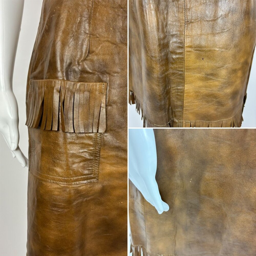 Vintage 60s Faux Leather Skirt Women's Small Brown Fringe Mini Cowgirl Western - Picture 8 of 9